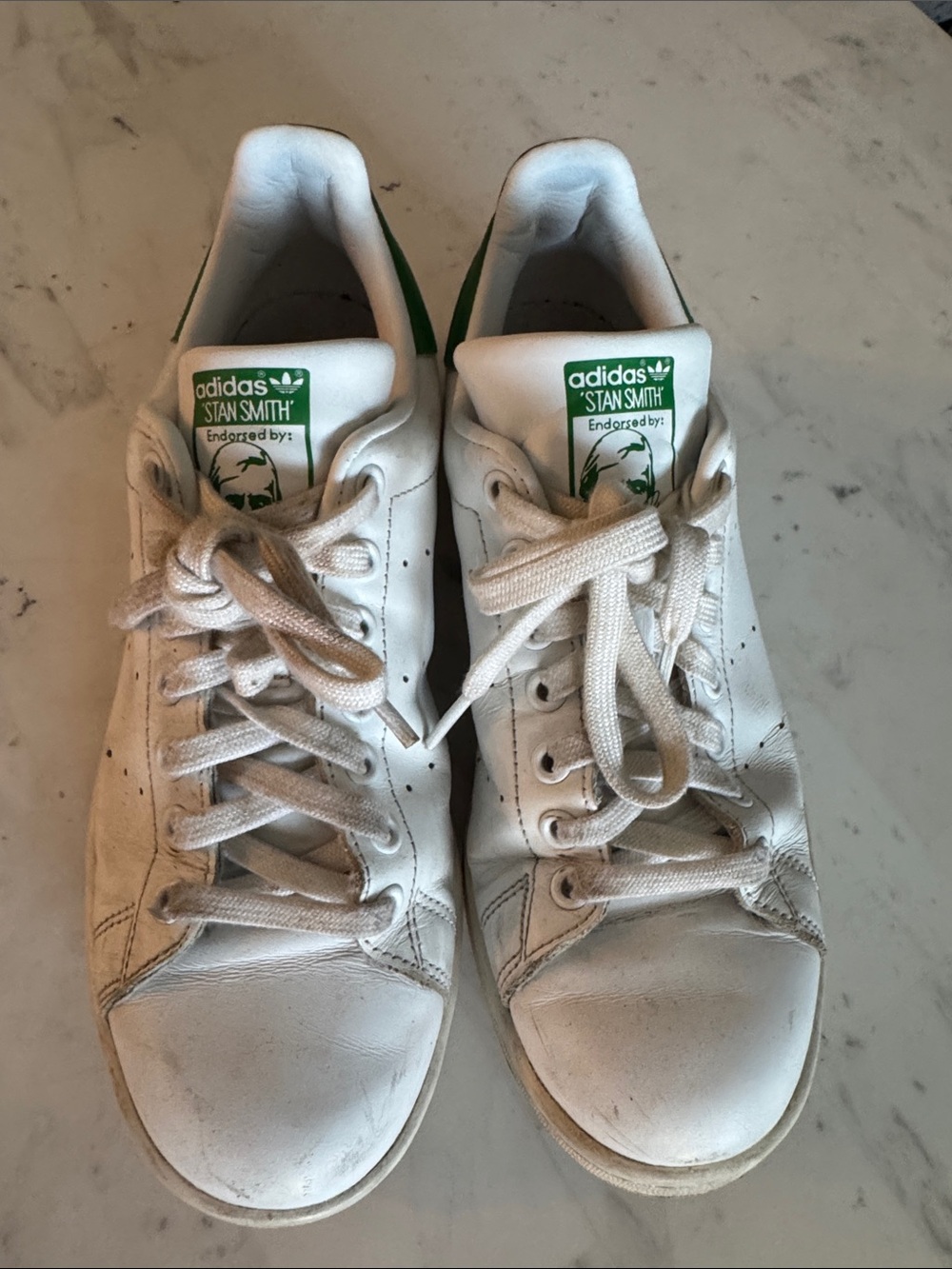 adidas White Stan Smith Sneakers with Green Tongue Logo